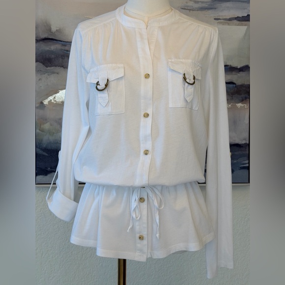 Michael Kors Tops - Michael Kors White Cotton Utility Shirt with Gold MK Hardware & Drawstring Waist